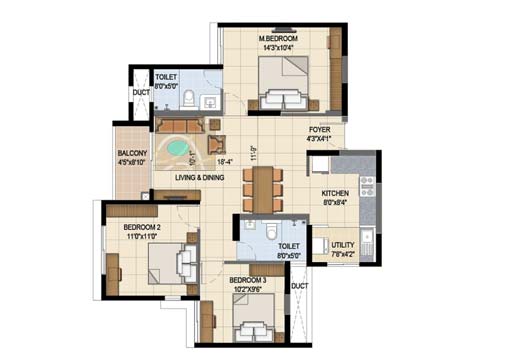 TATA Varnam Floor Plan - 3 BHK